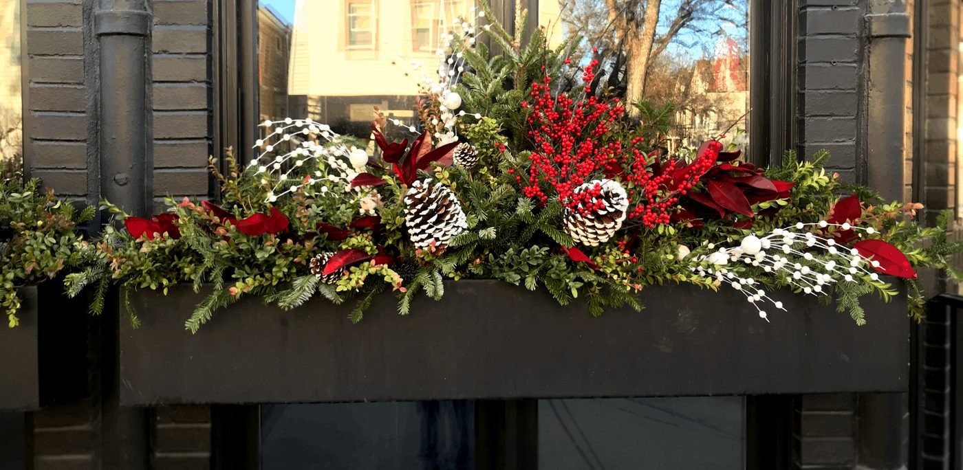 Holiday window box with evergreen boughs, berries, and pinecones