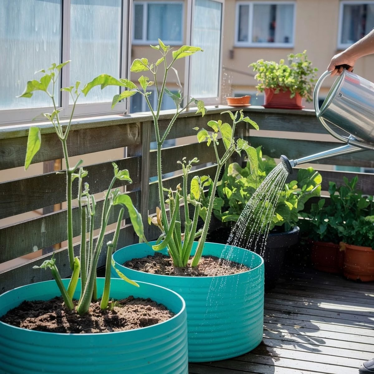 Watering container gardens on a sunny balcony